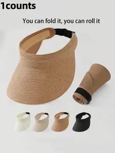 1pc Fashion Straw Sun Visors For Women Wide Brim Hats Roll-Up Foldable Summer Beach Visor Hat Outdoor Sun Hat
