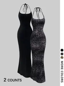 Women's Leopard Print Cami Mermaid Dress & Solid Color Sleeveless Cami Dress Set, Sexy Minimalist Fashion Casual Two-piece Outfits for Party Club Dating Wear, Ladies Summer Clothes, Gowns, Formal Womenswear, Dresse