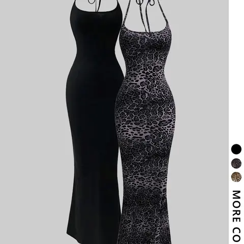 Women's Leopard Print Cami Mermaid Dress & Solid Color Sleeveless Cami Dress Set, Sexy Minimalist Fashion Casual Two-piece Outfits for Party Club Dating Wear, Ladies Summer Clothes, Gowns, Formal Womenswear, Dresse