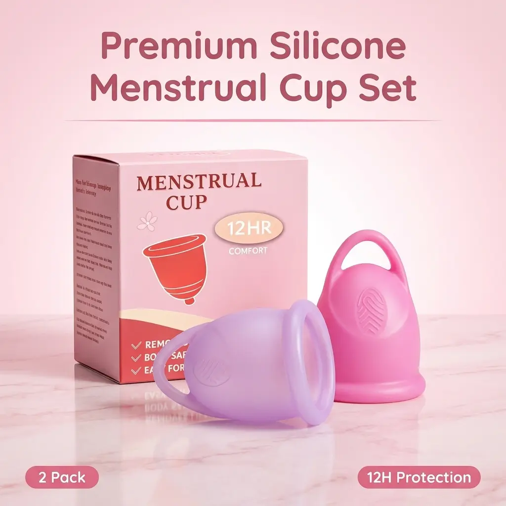 2-Pack Silicone Menstrual Cups with Easy-Grip Ring Handle, Anti-Slip Texture, 12-Hour Leak-Proof Protection – Reusable, Hypoallergenic Set for Beginners & Active Lifestyles - Set of 2