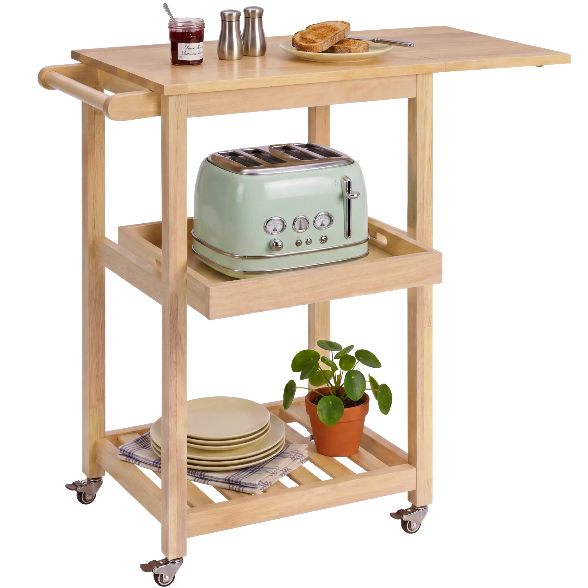 Best Choice Products Rolling Kitchen Island Cart w/ Drop Leaf Extension, Solid Wood, Tray, Shelf, Wheels