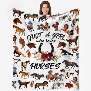 Horse Blanket,Horse Gifts for Girls Women, Just A Girl Who Loves Horses Blanket, Horse Lovers Birthday Gifts Decor Throw Blanket 80" x 60", Printed on One Side with a Plain White Back, Halloween Thanksgiving Christmas Gift