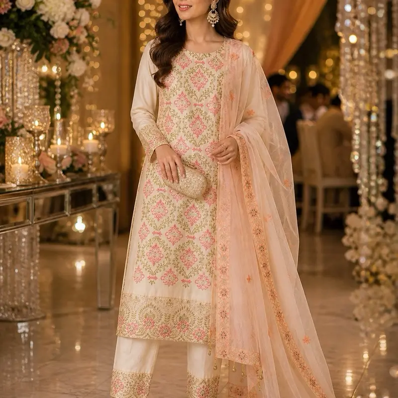 Elegant Pink and Cream Embroidered Kurta with Matching Dupatta for Special Occasions