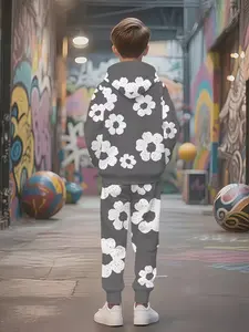 Boys' Geometric Pattern Fitted Casual Set, Youth Kits, Perfect for Outdoor Activities, All-Season Wear, Stylish Boyswear, Sweatshirts, Hoodies