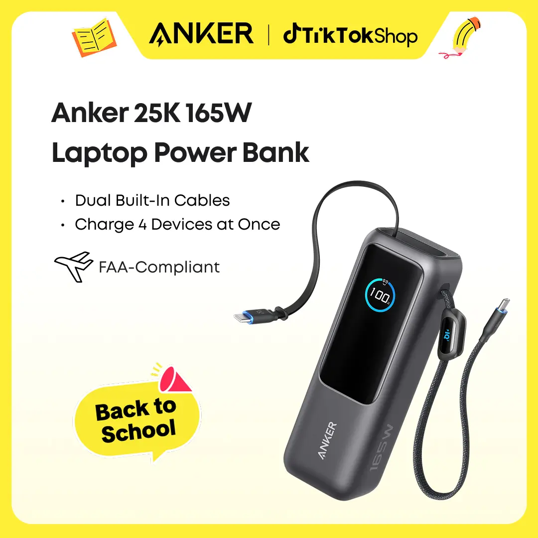 【Power Bank】Anker 165W 25,000mAh Laptop Power Bank, Portable Charger with Built-In Retractable USB-C Cable, 4-Device Fast Charging Battery Pack for Travel and Work,summerwins,FathersDayGift,#DealsForYouDays sohochic