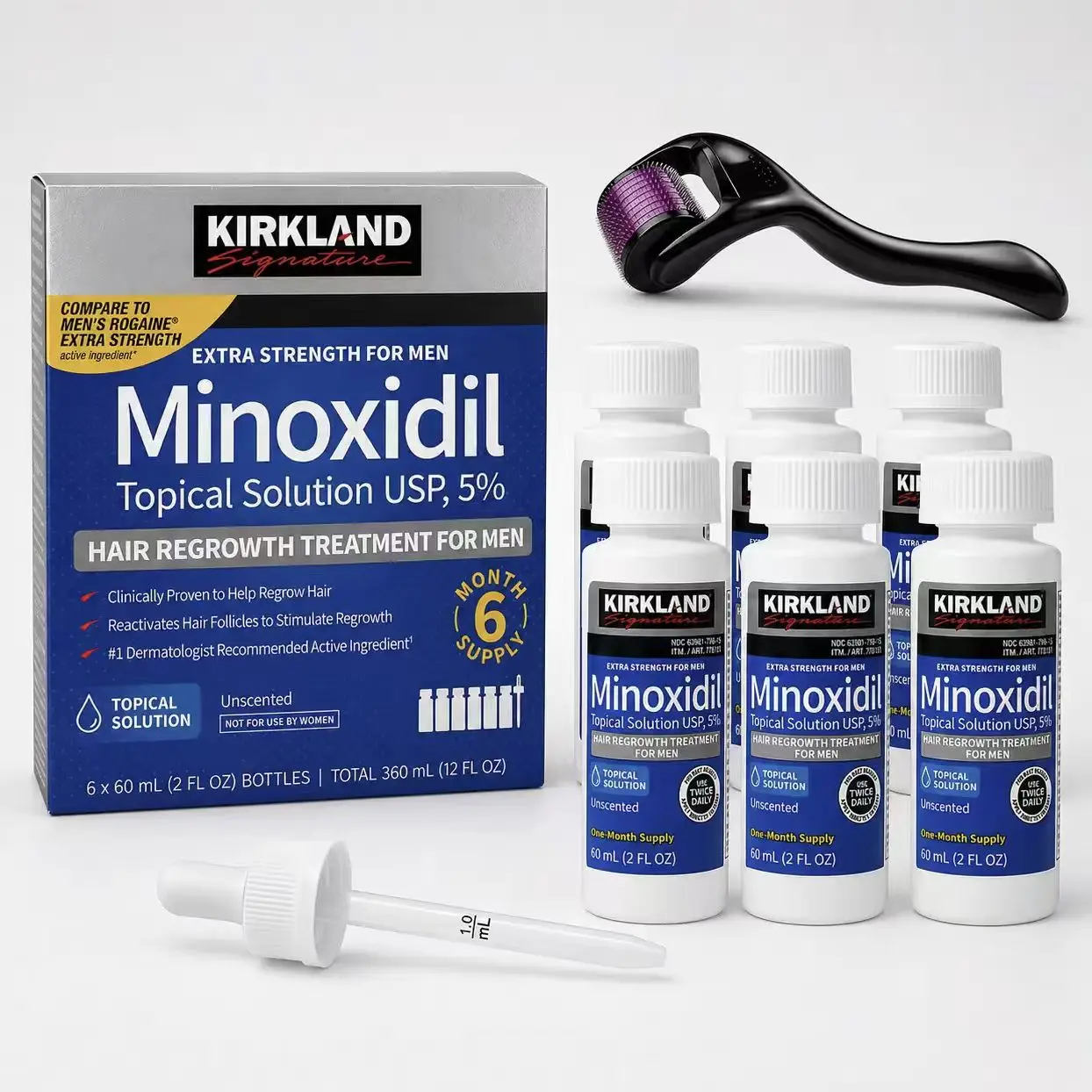 Kirkland Minoxidil 5% Hair Care Serum Daily Scalp Drops Topical Serum Kit for Thicker & Fuller Looking Hair - Premium Men's Grooming & Nourishing Personal Care Routine with Precision Dropper3.
