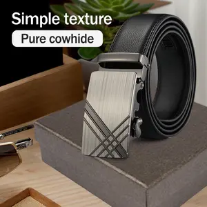 Famous Brand Men's Belt Pure Cowhide Simple Texture Luxury Automatic Metal Buckle Gift for Father's Day