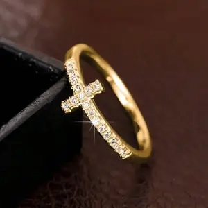 Elegant Commitment Ring, Fashionable Silver/Golden Color Cross Design Inlaid With Sparkling Cubic Zirconia Engagement/Wedding Ring, Luxury Shiny Bridal Jewelry