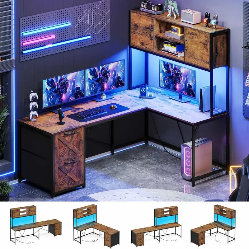 [SummerSale] Sikaic 62.2" L-Shaped Desk with Drawers & Power Outlet, Home Office Desk with Hutch, Fabric File Drawers, Storage Shelves & LED Lights, Rustic Brown Corner Desk, Home Furniture, Dorm Essentials