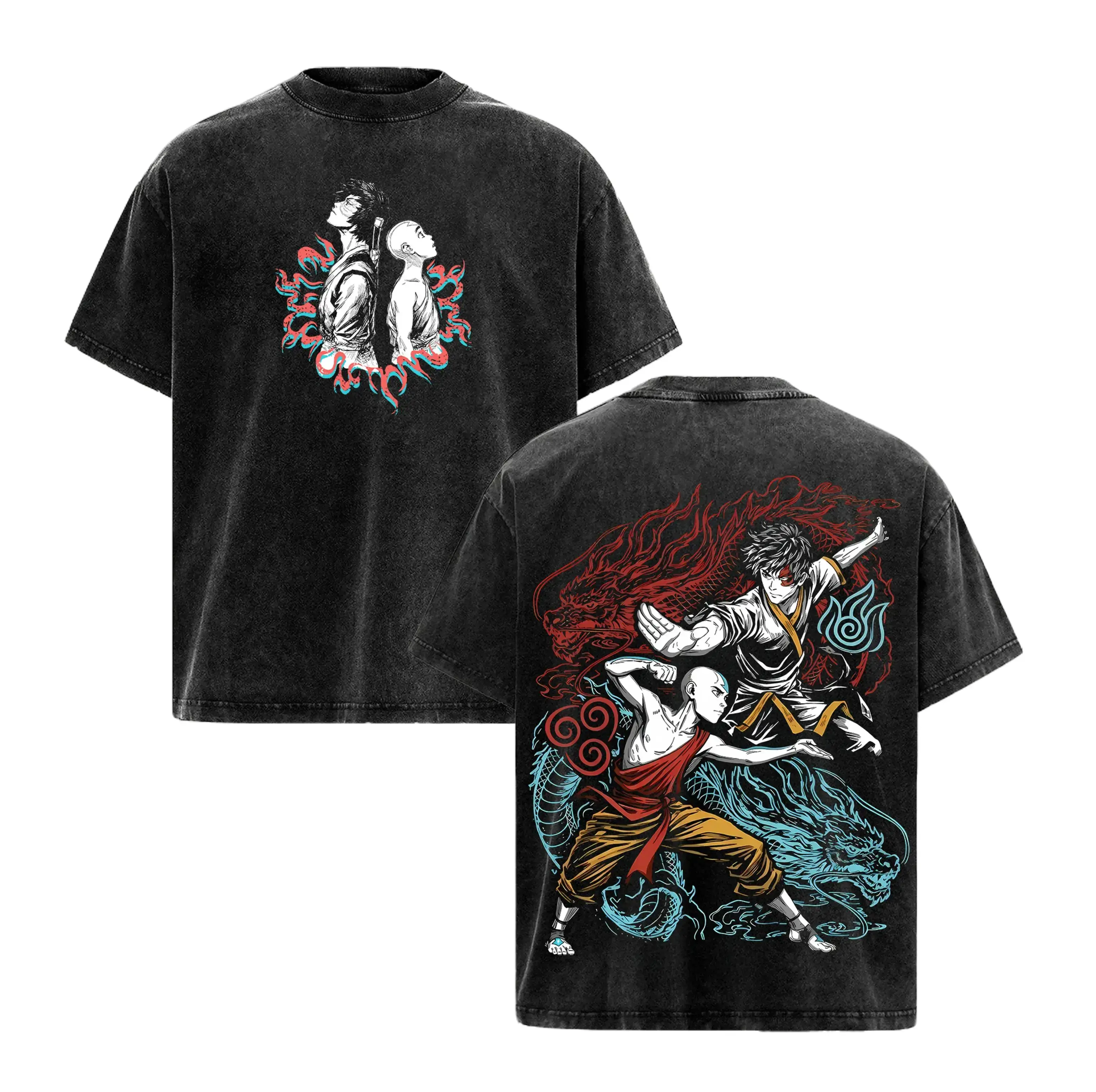 Avatar The Last Airbender Zuko Aang Graphic Tee! Vintage Acid Wash Oversized T-Shirt Men. High Res 2D Elemental Dragon Print Summer Casual Round Neck Top. Machine Washable Retro Manga Streetwear Pure Black White Aesthetic Y2K Anime Clothes Gifts For Men