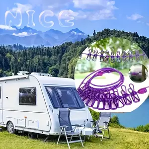 Portable Foldable Lightweight Clothes Hanger with Clips, Extendable Travel Laundry Line, Adjustable Height, 12 Hooks, Indoor Outdoor Use, Durable