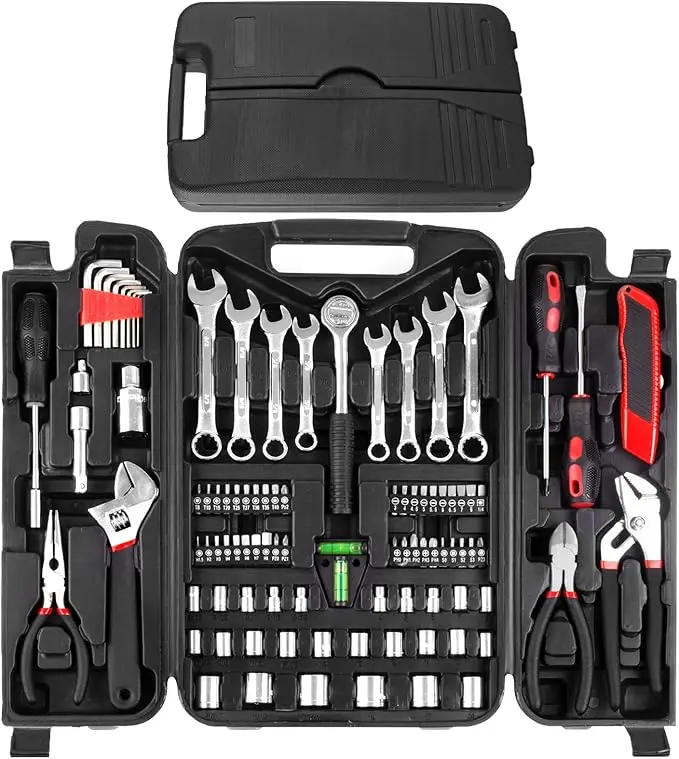TLGREEN 95 Piece Tool Set, Tool Kit, Mechanics Tool Set, boat tool set, Portable Toolbox with Adjustable Wrench Pliers Socket Bits, with Plastic Toolbox, for House Apartment Garage,Repair Tool Set,tool kit set