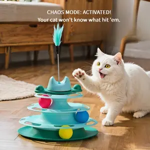 Cat Toys 4-Tier Roller Track with Feather Teaser, Turntable Cat Tower Toy with Colorful Chase Balls. Multi-Level Fun for Bored Cats, Kitten Exercise Toys for Self Play