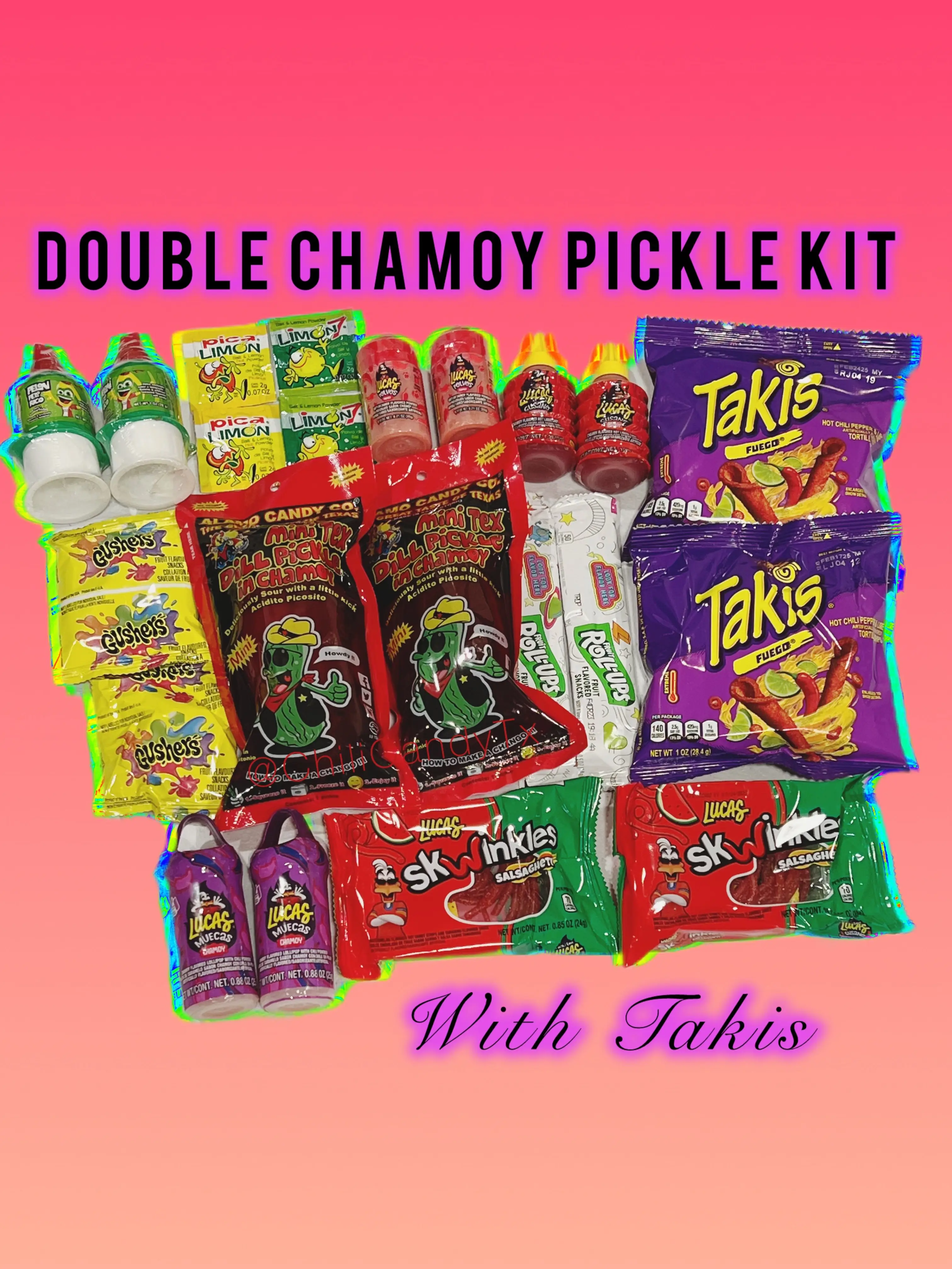 Double Chamoy Pickle Kit with Takis, Gushers, Fruit Roll Ups, Liquid Lucas, Lucas Powder, Purple Lucas Lollipop Powder, Skwinkles, Pelon Pelo Rico Pus
