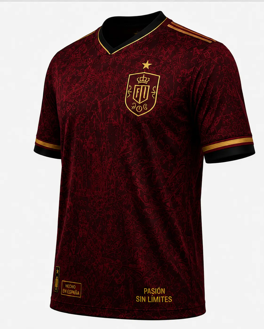 Spain Red Gold Heritage Soccer Jersey, Unisex Short Sleeve Football Shirt with All-Over Graphic Pattern, V-Neck Match Day Fan Top, Breathable Quick-Dry Training Sportswear, Retro Streetwear Gift for Men and Women