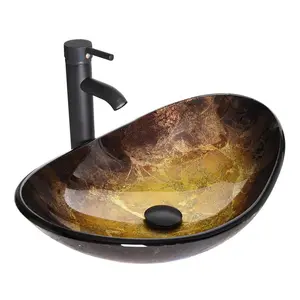 Elegant Gold Oval Boat-Shaped Glass Vessel Sink BA20065