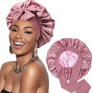 Satin Bonnet Silk Like Bonnets for Sleeping Sleep Cap Double Layer Hair Care Bonnet with Elastic Tie Band for Curly Hair Night Cap