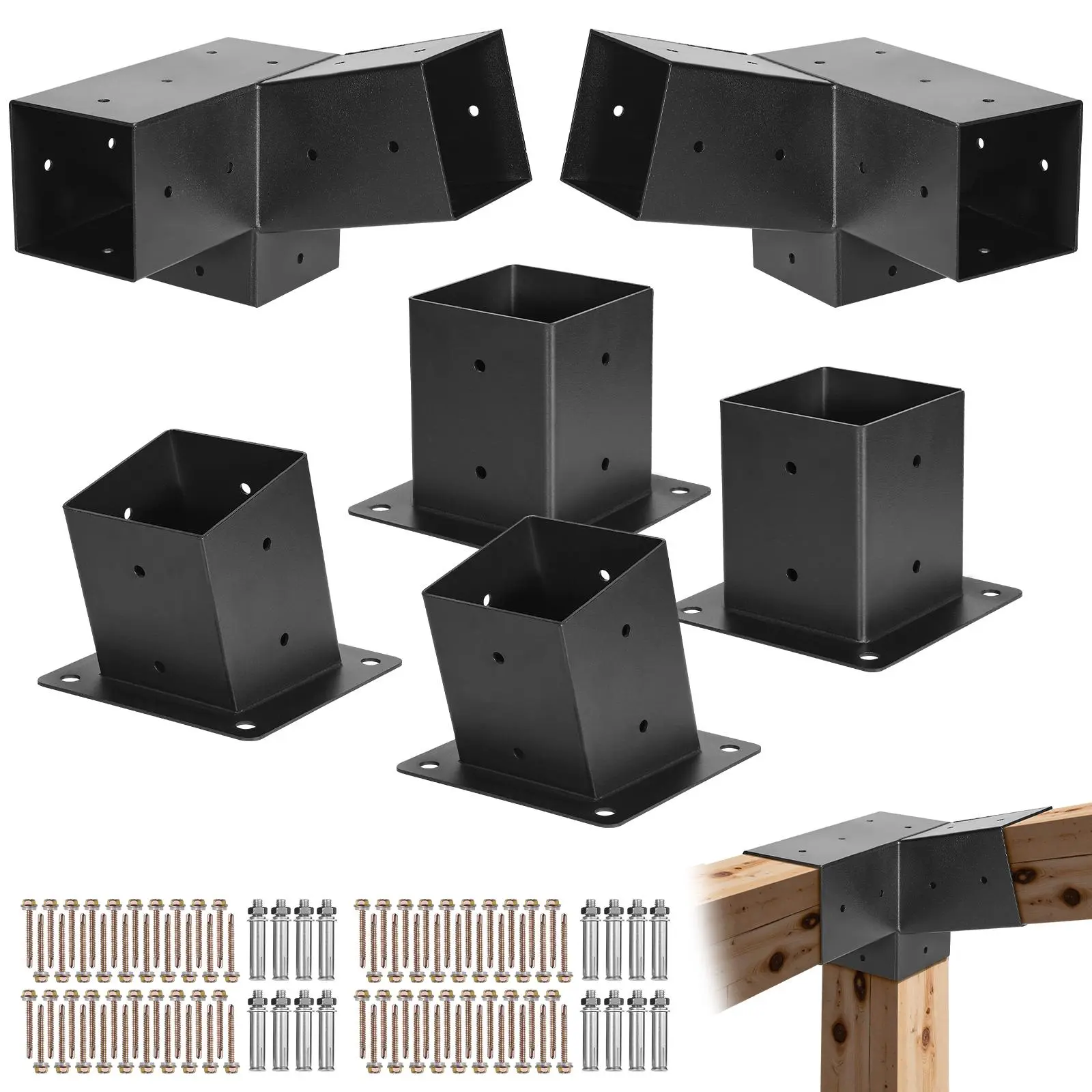 【summerfinds】VEVOR Pergola Kit, 4x4 Inch 3-Way Slanted Brackets for 3.5x3.5 Inch Wood Beams in Actual Size, 2-Pack Pergola Brackets with 2 Post Bases and 2 Wall Mount Bases, for Outdoor Pergolas, Gazebos, Sheds