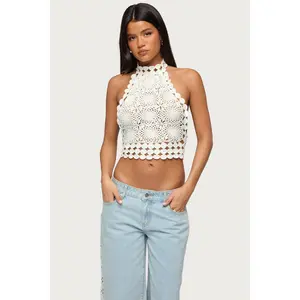Backless Crochet High Neck Halter Top