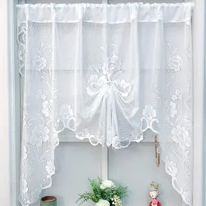 French Short Lace Sheer Curtains Romantic Tie-Up Half-Sheer Floral Lace Curtain Panel White Swag Valance for Kitchen Half Window Bathroom Doorway Decoration Mesh Door Divider 1 Panel W39 L59 inch
