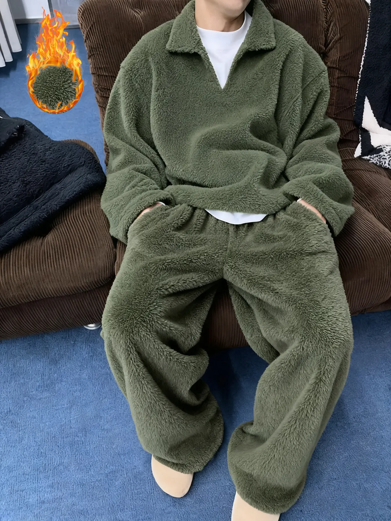 Autumn Winter Warm Fleece Hoodie Long Sleeve and Pants Set Outfit, Matching, Unisex Casual Loose Fit, Fashionable and Comfortable, Camo Pattern