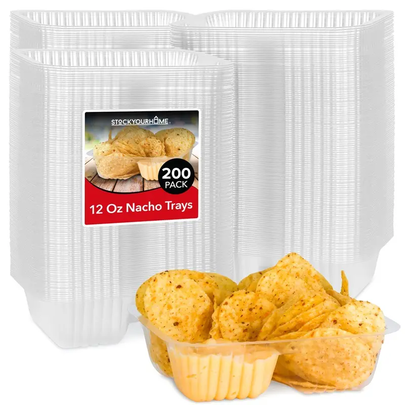 12oz Plastic Nacho Trays (200 Pack) Small Disposable Tray for Nachos & Cheese Dip, Concession Stand Supplies, Movie Night Snacks for Kids, Carnival Party Decorations, Food Boats, Snack Containers