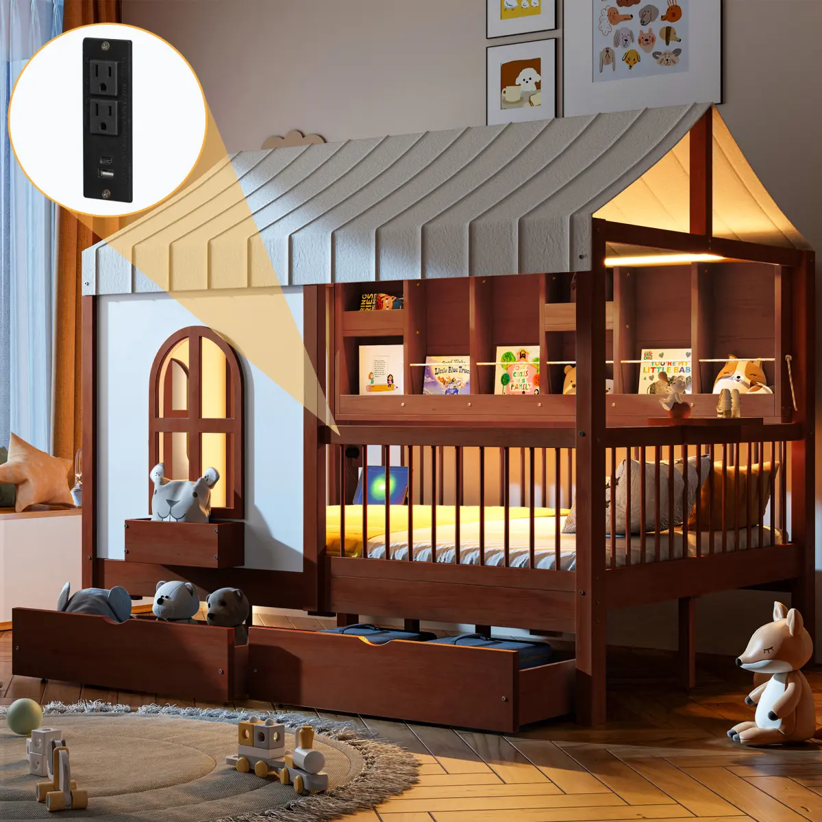 [Bellemave] Full Size Wooden Playhouse Bed Frame with Tent Top, 2 Large Drawers, Side Bookshelf, Safety Guardrail, Charging Station & LED Strip