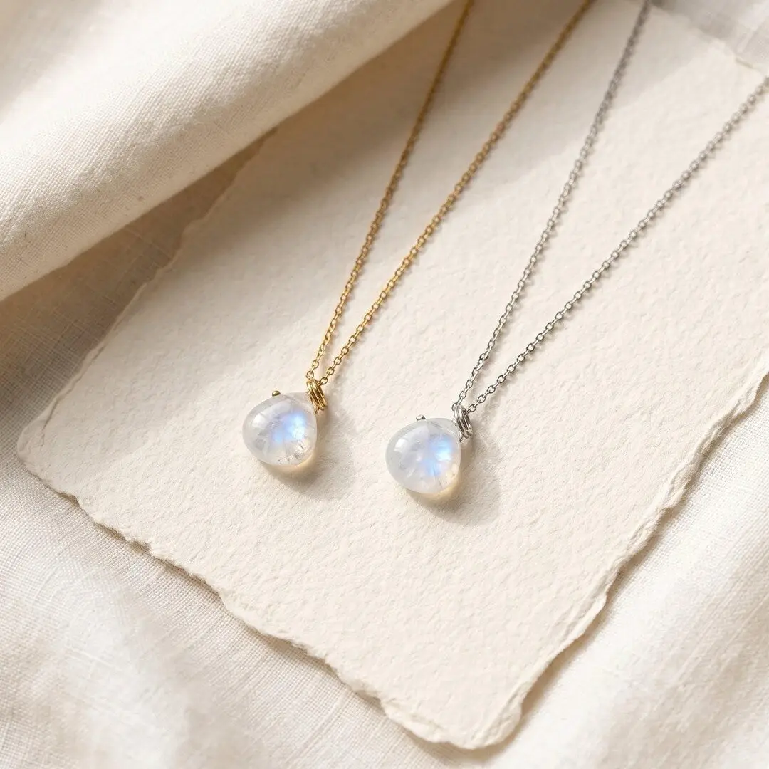 Real Moonstone Necklace with Adjustable Chain in Gold or Silver Finish