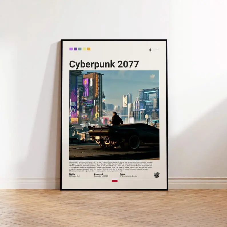 Cyberpunk 2077 Artistic Print Poster - Luster Paper Framed Home Decor Wall Art, Sustainable Gaming Fan Collectibles (200 Years Color Retention, 400 Years Black-and-White Retention)
