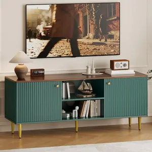 Gaomon Long Narrow Engineered Wood TV Stand, 55in Mid-Century Modern Media Console for TVs Up to 65in, with 2-Door Hidden Storage & Adjustable Shelf, Easy Setup for Living Room, Bedroom, Green