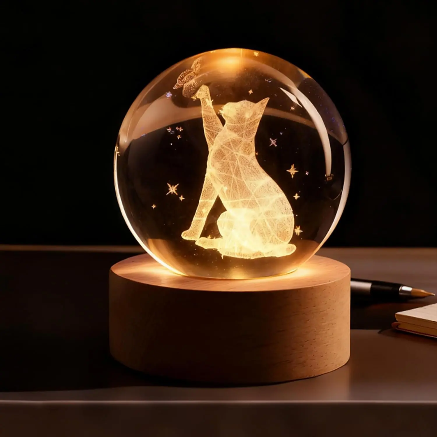 60mm 3D Star Cat Light-Up Magical Floating Glass Crystal Ball with Wooden Base, Figurine Collectible Home Decor Sympathy Gift for Women