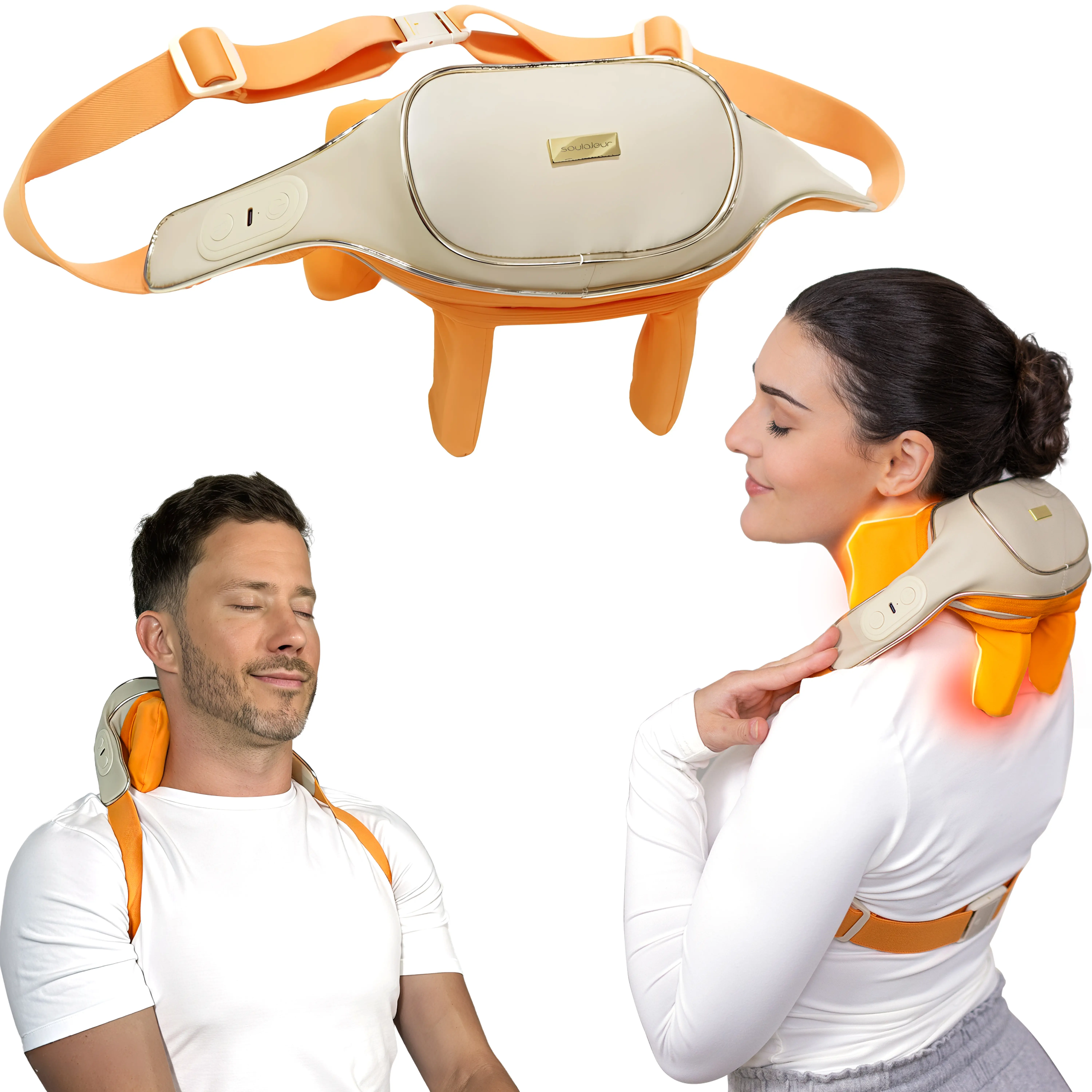 Soulajeur Cordless Heated Neck and Shoulder Massager with Voice Mode, USB-C, Batteries, Compact Lightweight Design, Deep Tissue Shiatsu for Pain Relief, Gifts for Parents