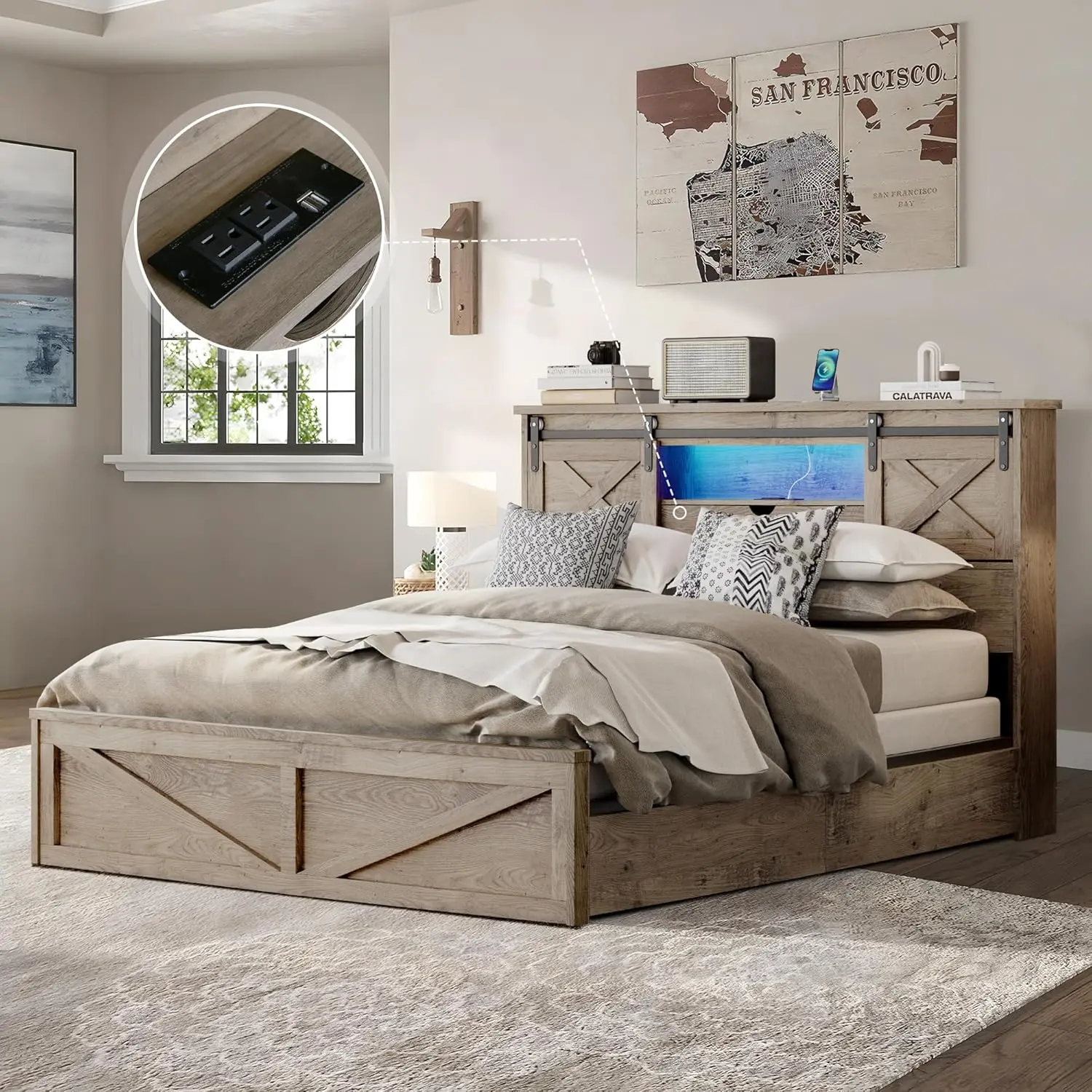 Farmhouse Wooden Platform Bed Frame with Storage Headboard, Charging Station, LED Lights, 2 Storage Drawers, Sliding Barn Door, Organiser, No Box Spring Needed (Queen/King Size, Grey)