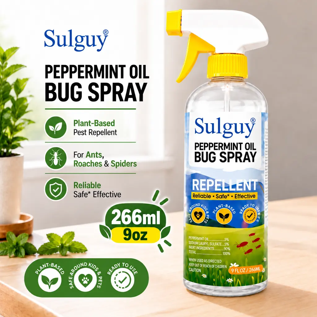 Sulguy 266ml/9oz Plant-Based Peppermint Natural Pest Control Spray Bottle, Family-Friendly Indoor Repellent for Kitchen Baseboards, Spiders & Ants (Essential Oil Scent) defense Insect Pest Control Peppermint Spray For Bugs Pest Repellents