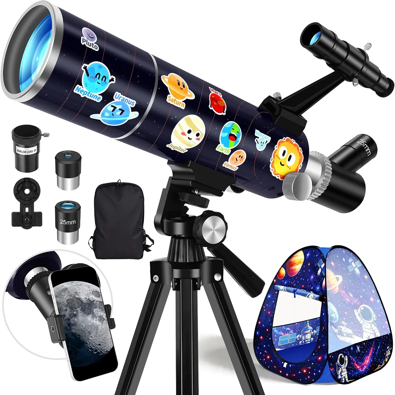 80mm Aperture 500mm Refractor Telescope for Beginners, Portable Stargazing Telescope & Moon Viewing Astronomy Kit with Tripod, Phone Adapter, Backpack & Pop-Up Tent