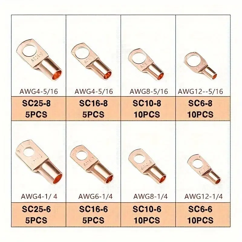 140pcs Wire Lug Connector Ring SC6-25 Copper Connectors Bare Cable Electric Crimp Terminal Connector Kit