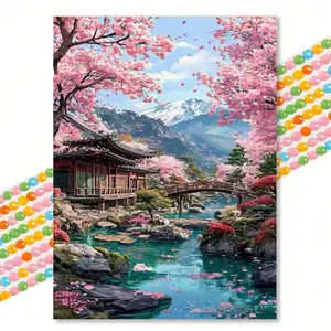 Japanese Style Cherry Blossom Diamond Painted Canvas, Fresh Fuji Mountain View DIY Handmade Decoration Art, Home Wall Decor, Diamond Painting