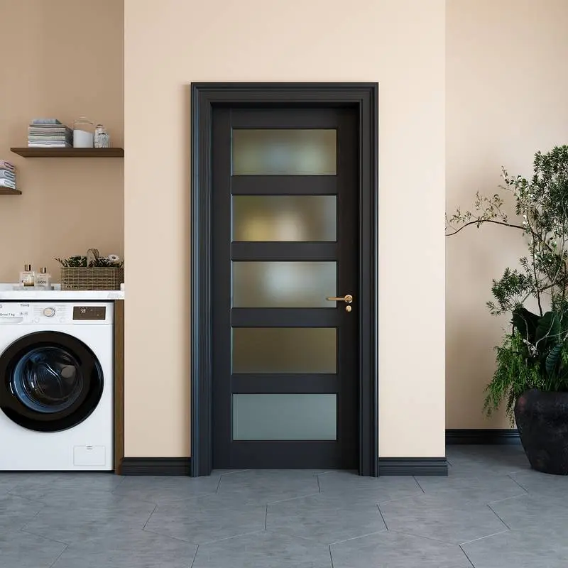 5-Lite Glass Door,Preassembled Frosted Glass French Door,MDF Wood Panel, for Closet Pantry Bedroom Livingroom Study Office,as Prehung, Pocket, Barn Doors-Shaker w/o Hardware,Black