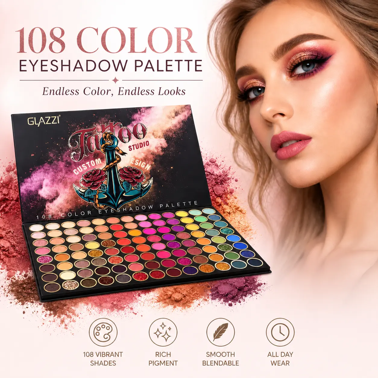Glazzi Colors Vintage Cosmetic Eyeshadow Palette, Long-Lasting Waterproof Silky Blend Powder Makeup Set with Glitter, Matte, Shimmer, High Pigment, No Fallout Formula for Beginners, Smooth, Eye Makeup, Youth