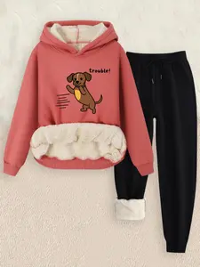 Women's Fashion Casual Set, Letter & Sausage Dog Print Hoodie Sweatpants, Fleece Lined Thickened, Long Sleeve Pants, Fall Winter