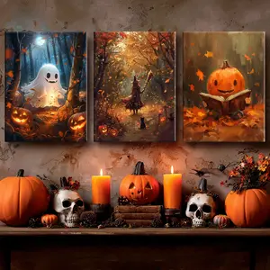 3 Counts Wooden Framed Canvas, Autumn Fantasy Forest Posters, White Ghost, Witch, Halloween Home & Party Decorations, Home Hanging Paintings, Horror Theme, Posters, Exquisite Gifts, Wooden Wall Art, Decorative Wall Art, Artwork
