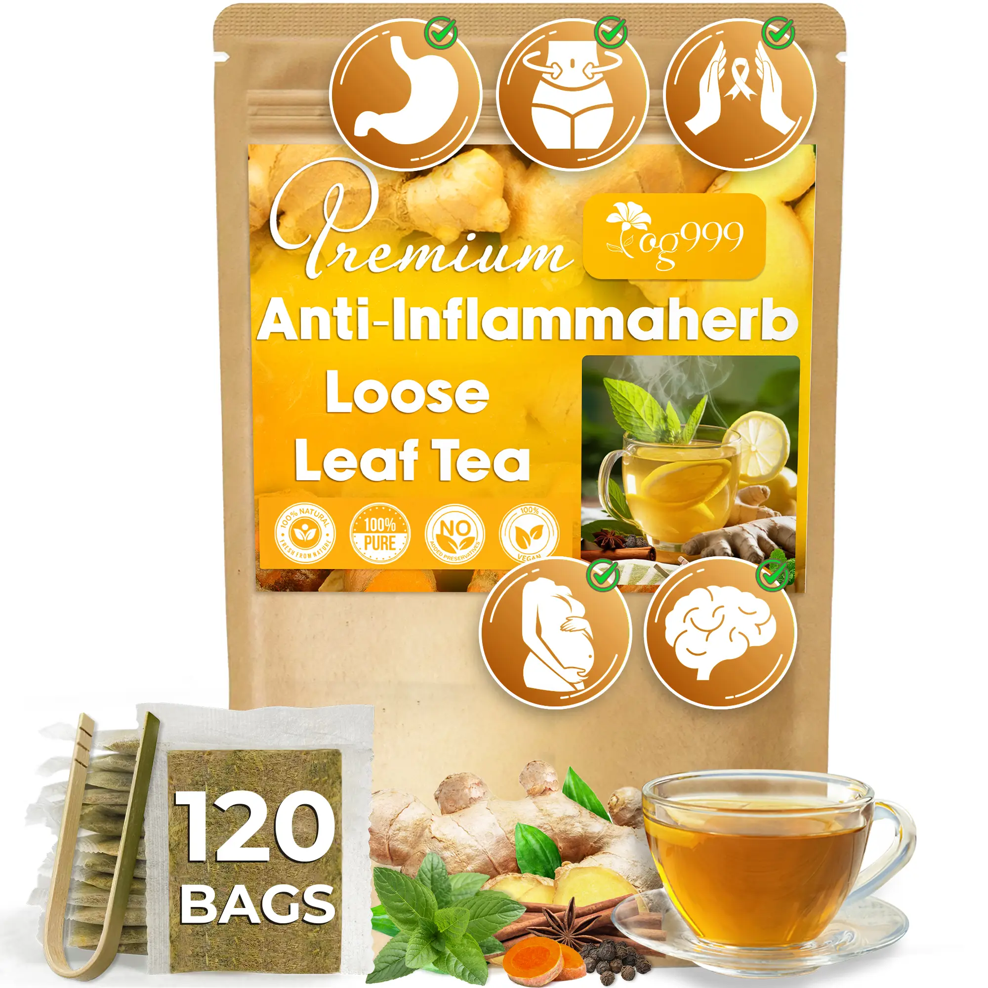 Anti-Inflammatea Loose Leaf Tea Bags with Ginger, Turmeric, Peppermint, Black Pepper, Cinnamon. Biodegradable Tea Bags. Sugar-Free, No Caffeine, No Gl