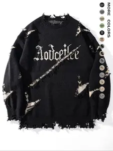 Men's Letter Pattern Ripped Drop Shoulder Pullover Sweater, Casual Loose Long Sleeve Round Neck Jumper for Fall & Winter, Fashion Men's Knitwear for Daily Wear