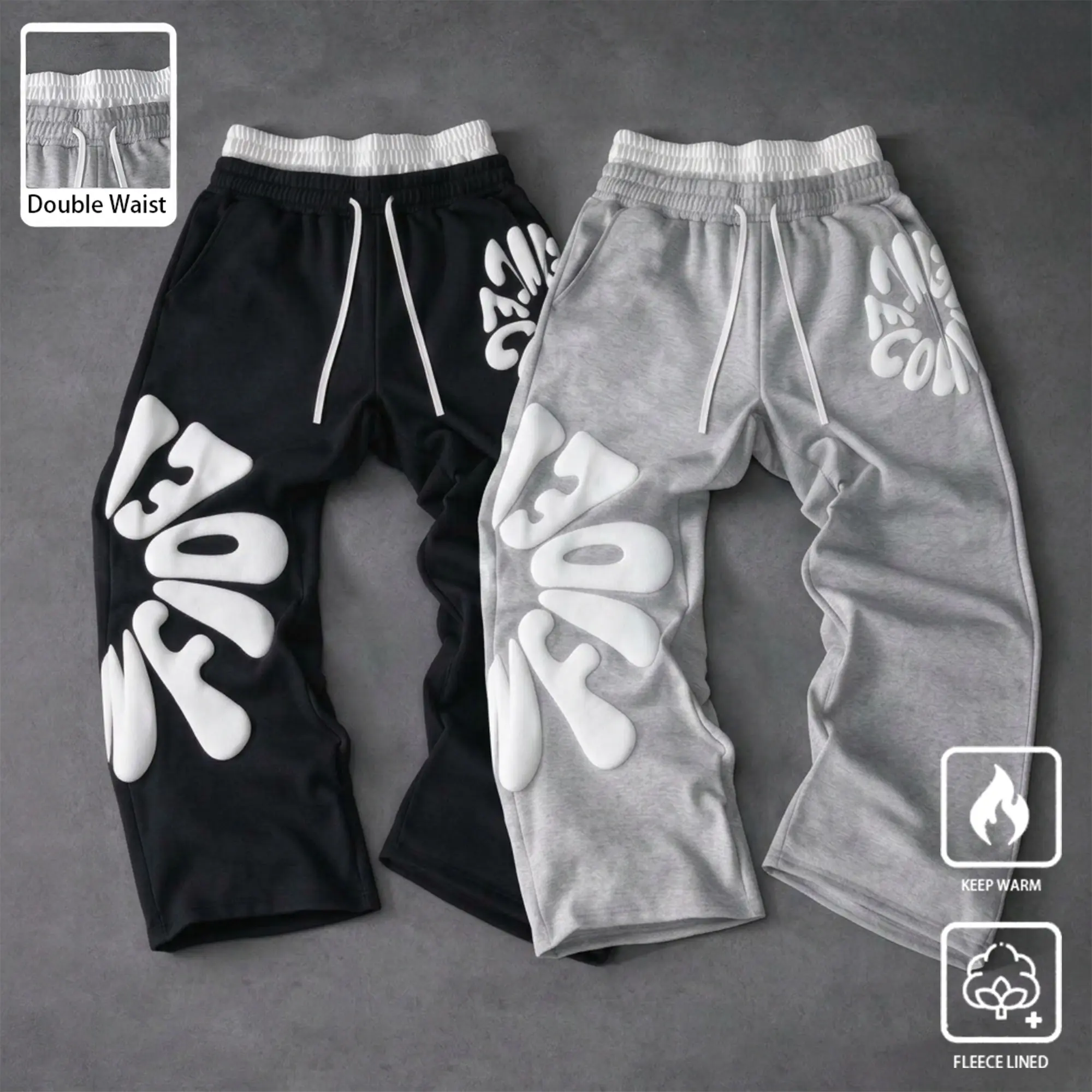Men's Double Waistband Wide-Leg Baggy Graphic Sweatpants - Comfy, Ultra-Soft Breathable, Drawstring Waist, Unisex Loose-Fit, Mens Clothing, Streetwear, Fashion Streetwear, Suitable for Running, Fitness Training