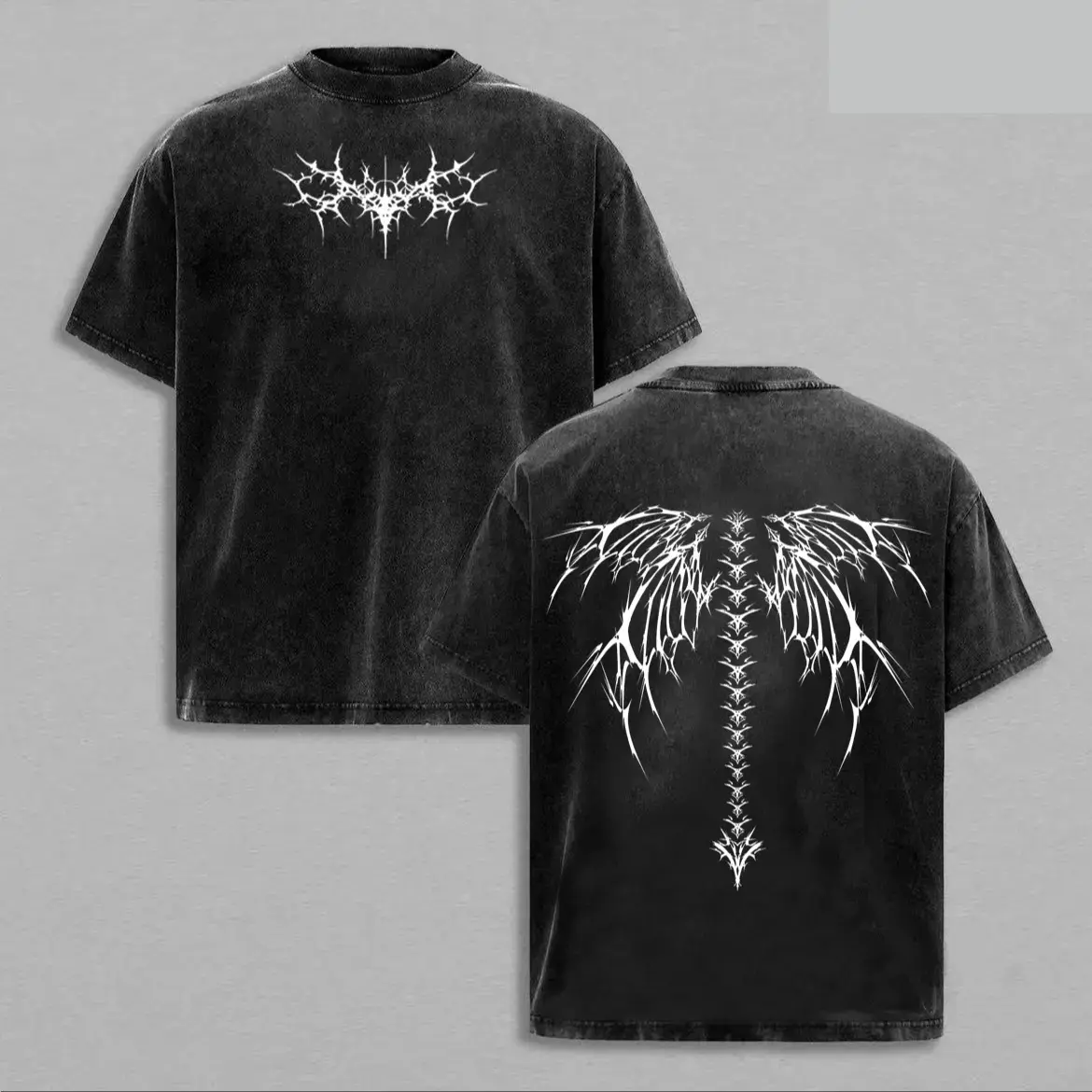 Cyber Sigilism Spine Wings Oversized Graphic Tee Vintage Acid Wash T Shirt Y2K Streetwear Gym Pump Cover Gothic Dark Aesthetic Workout Fit Casual Top Mens Alt Fashion Grunge Skeleton Tribal Tattoo Retro Merch Tiktok Finds Heavy Cotton