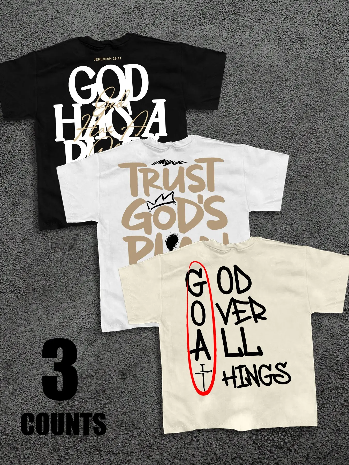 3-Pack "God Over All" Christian Slogan Graphic T-Shirts | Faith Streetwear Casual Loose Tees Set