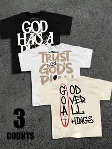 3-Pack "God Over All" Christian Slogan Graphic T-Shirts | Faith Streetwear Casual Loose Tees Set
