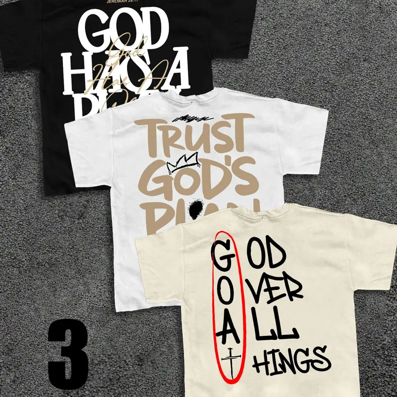 3-Pack "God Over All" Christian Slogan Graphic T-Shirts | Faith Streetwear Casual Loose Tees Set Oversized T Shirt