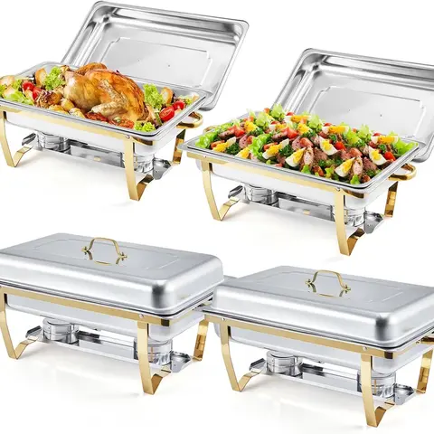 8-Quart Stainless Steel Rectangular Chafing Dishes (4/2 Pack) - Thermal Casserole Dish Buffet Warmers with Lids, Gold/Silver Handle Trays, Foldable Frame, Easy Quick Setup, Warmth & Coldness Control for Corporate Event, Restaurant Use, Hot Water Heating