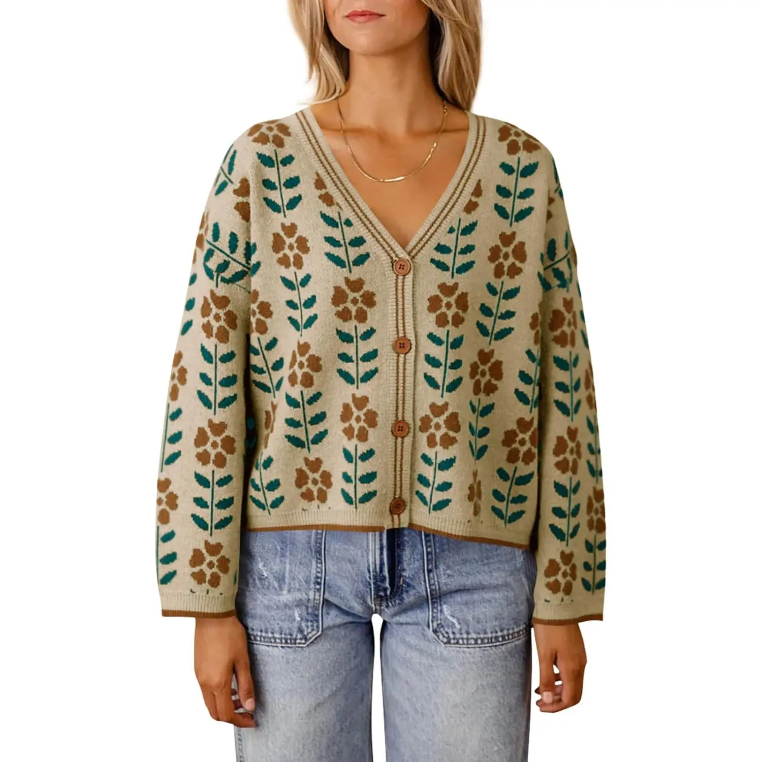 Saodimallsu Women's Casual Floral Print Cardigan, Long Sleeve V-Neck Loose Ribbed Knit Button Down Sweater, Knitting, Knitwear, Lady, Party, Holiday, Loose-Fitting, Open Front, Watch Party, No, Evening